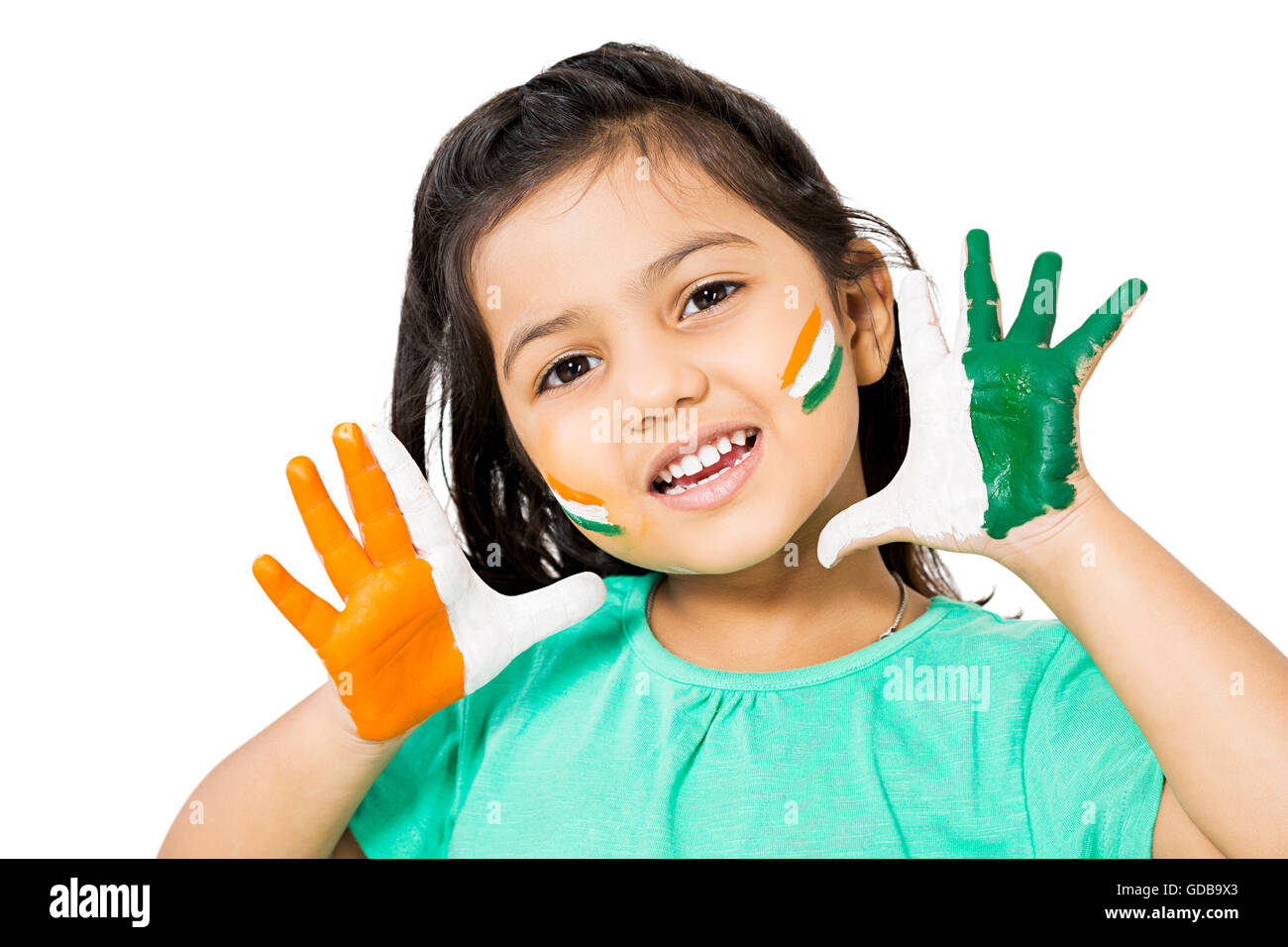 1 Indian Kid girl Date de l'indépendance Drapeau Face Paint montrant Banque D'Images