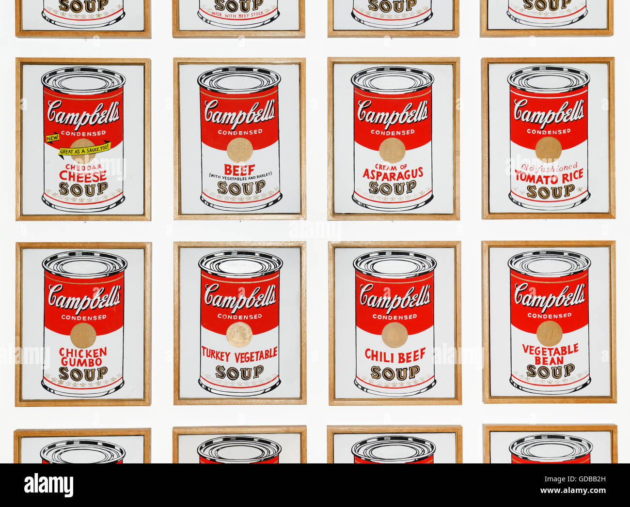 Warhol Campbell's Soup Cans, 1962, détail montrant 8 des 32 boîtes Banque D'Images