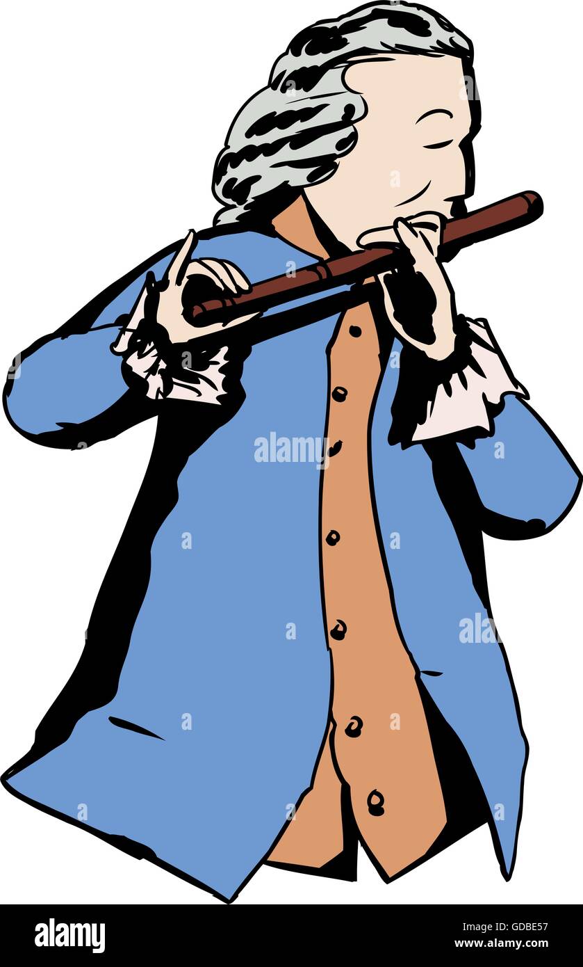 Illustration de l'homme seul en 18e siècle les vêtements et une flûte jouer perruque Illustration de Vecteur
