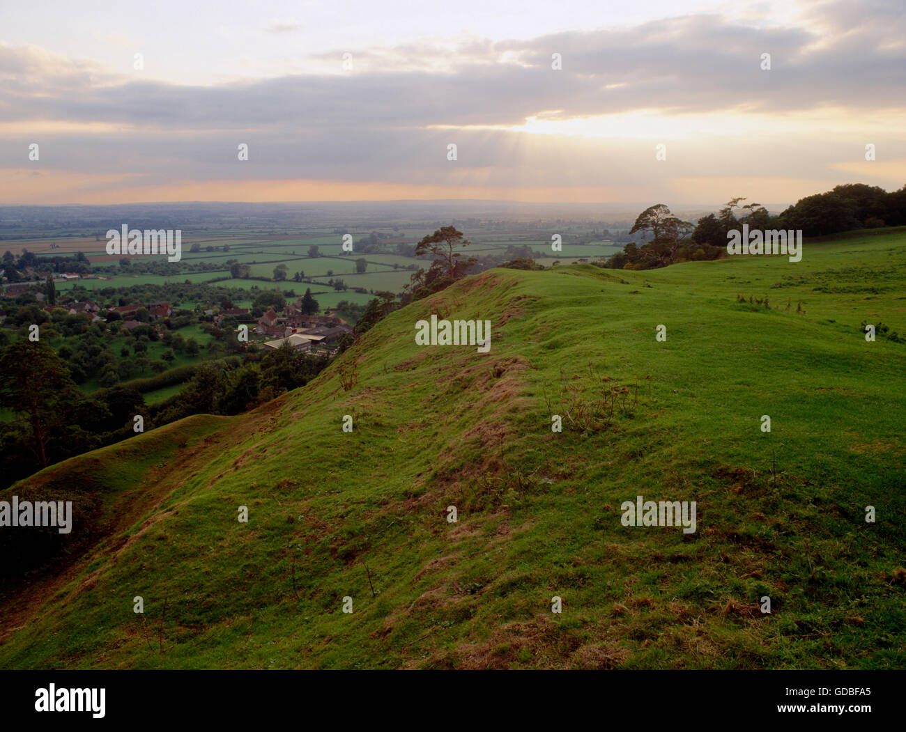 En regardant vers le Somerset Levels sur l'envergure de la remparts intérieurs sur le côté sud de Cadbury Castle fortin. Cadbury, Somerset, England, UK Banque D'Images