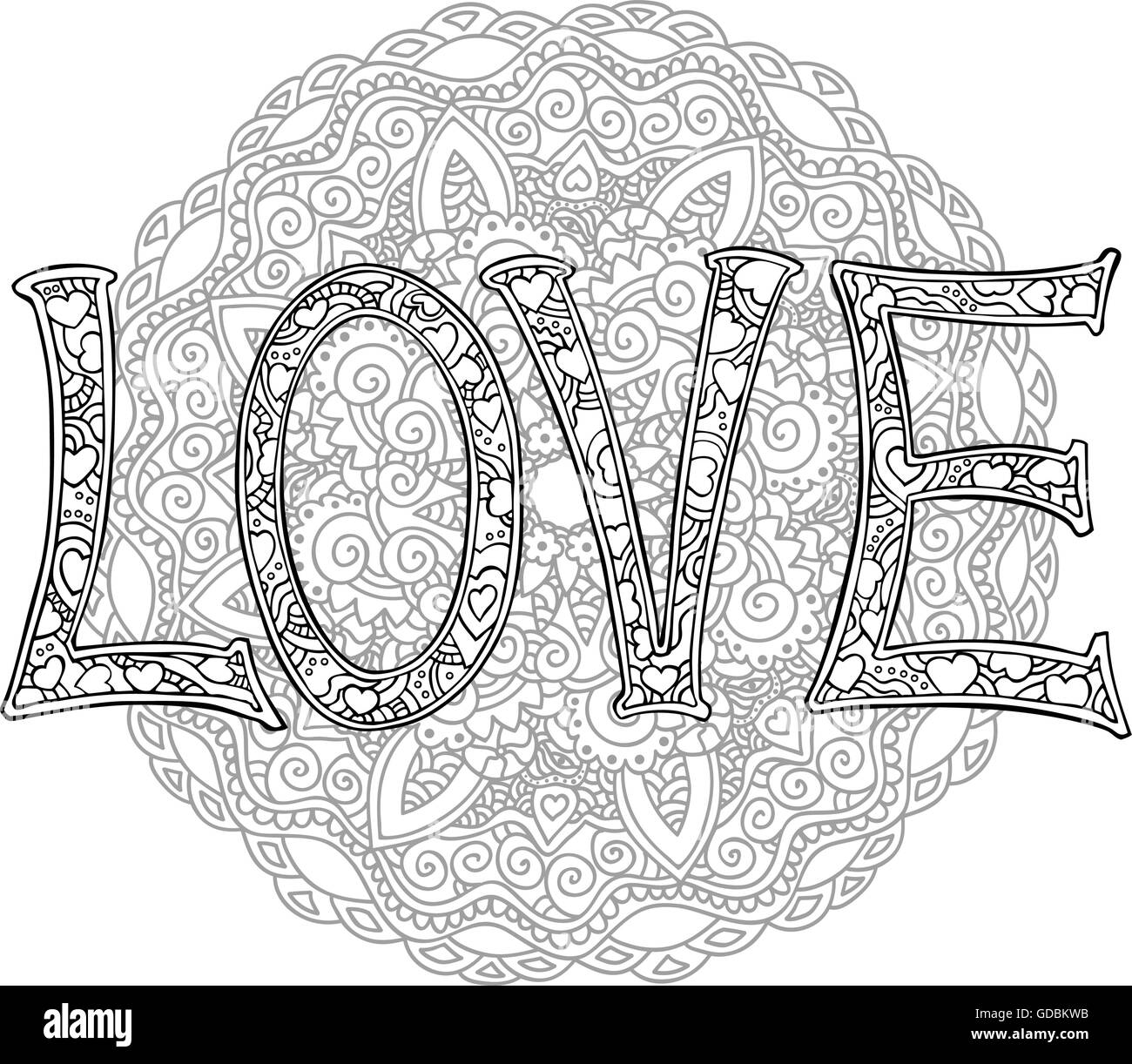 L'amour des lettres monochrome dessiné à la main avec texte mandala rond Illustration de Vecteur