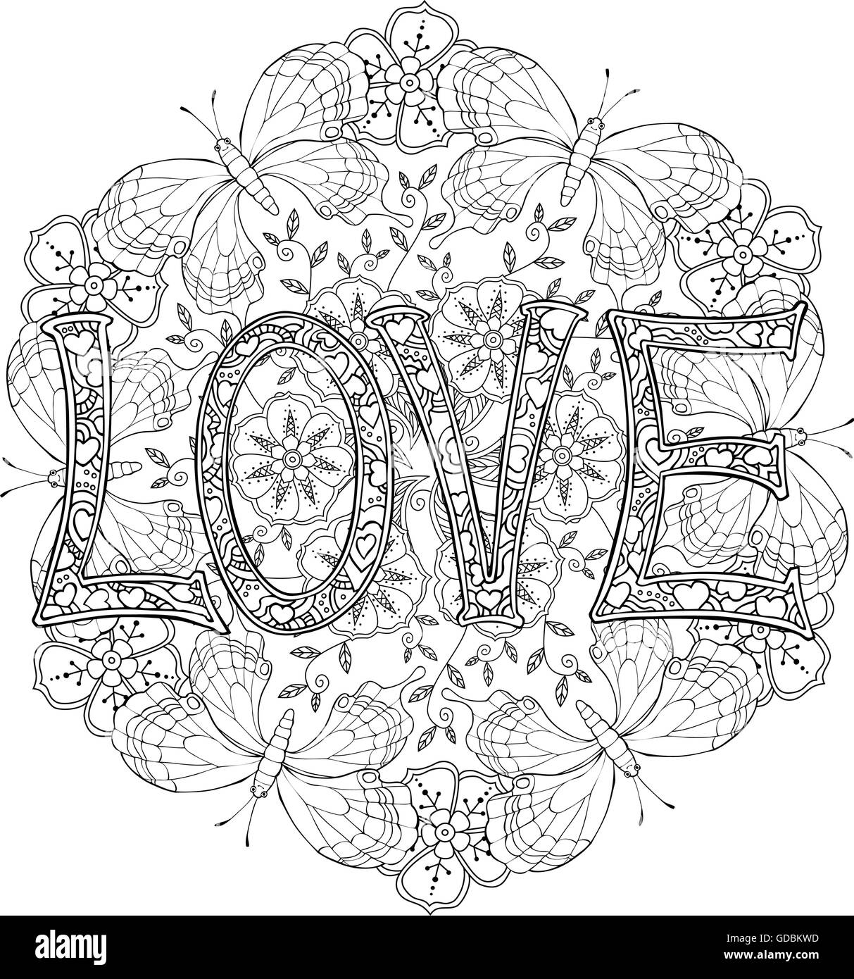 Lettres monochrome dessinés à la main, texte d'amour et de papillons avec mandala Illustration de Vecteur