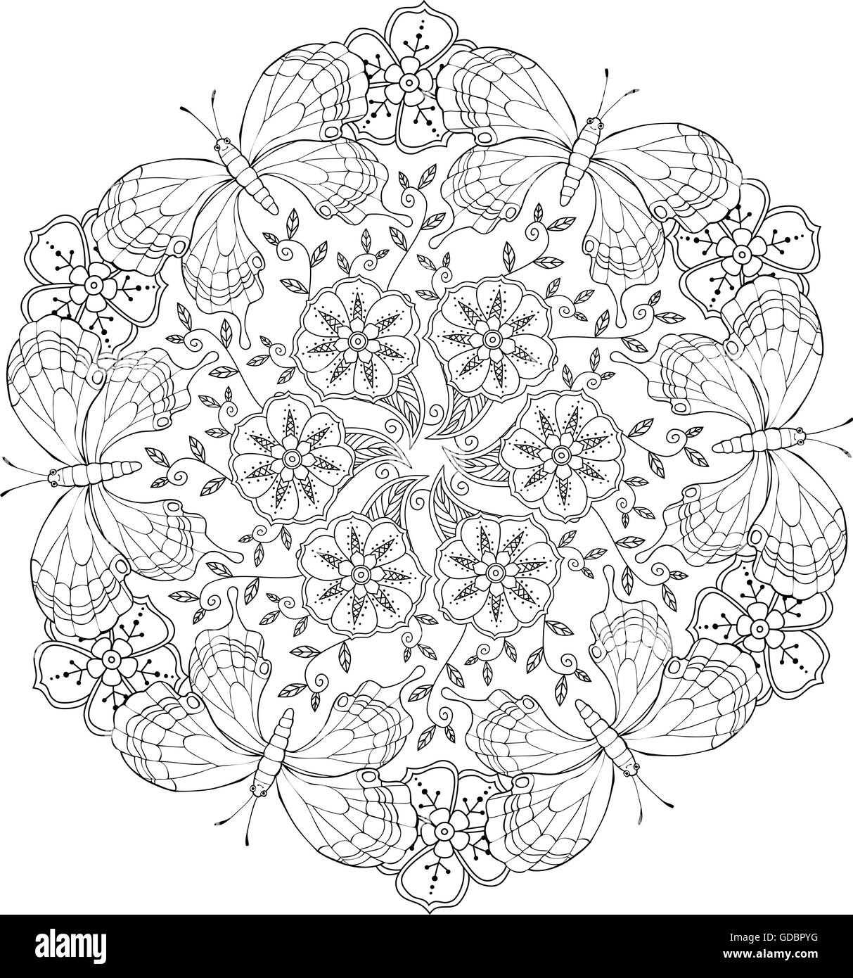 Mandala mendie avec papillons et fleurs. Illustration de Vecteur Mandala mendie avec papillons et fleurs. Illustration de Vecteur