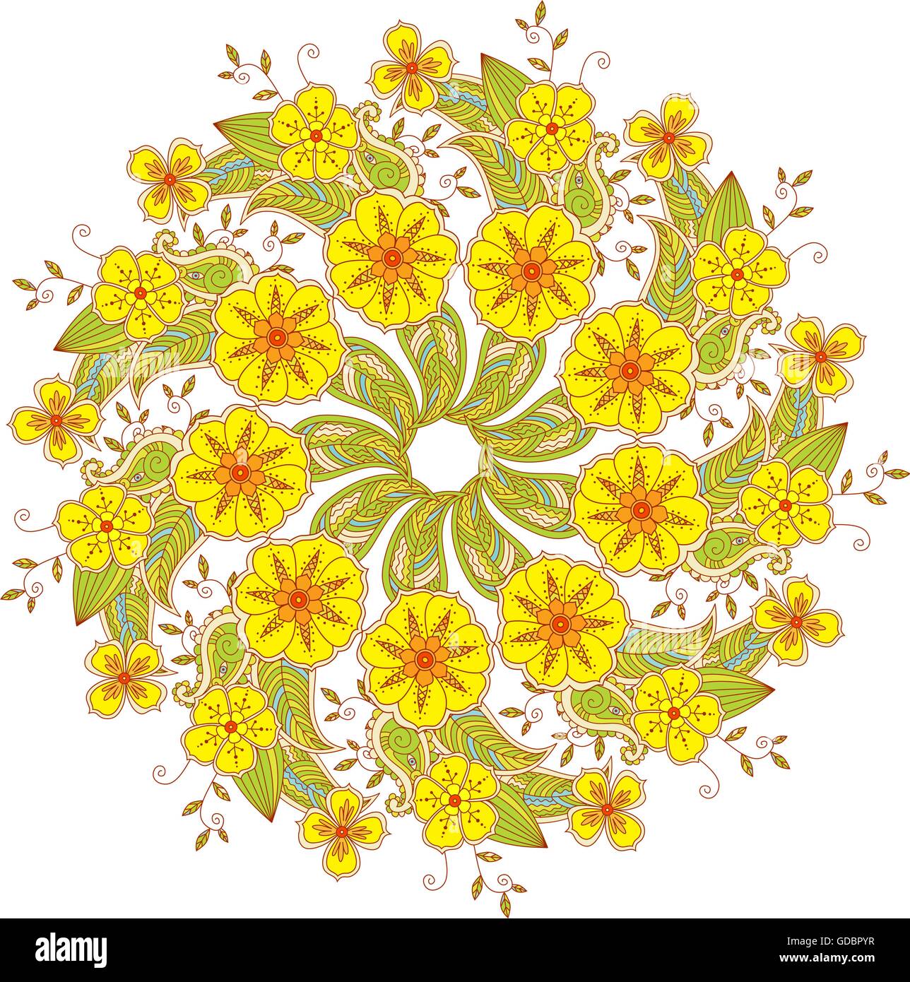 Mandala Mendie colorés de fleurs et de feuilles isolées sur fond blanc Illustration de Vecteur