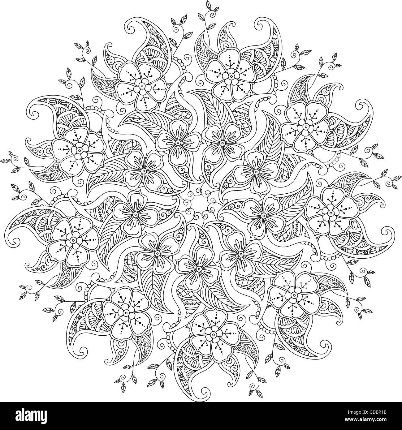 Mandala Mendie monochrome avec des fleurs et des feuilles Illustration de Vecteur Mandala Mendie monochrome avec des fleurs et des feuilles Illustration de Vecteur