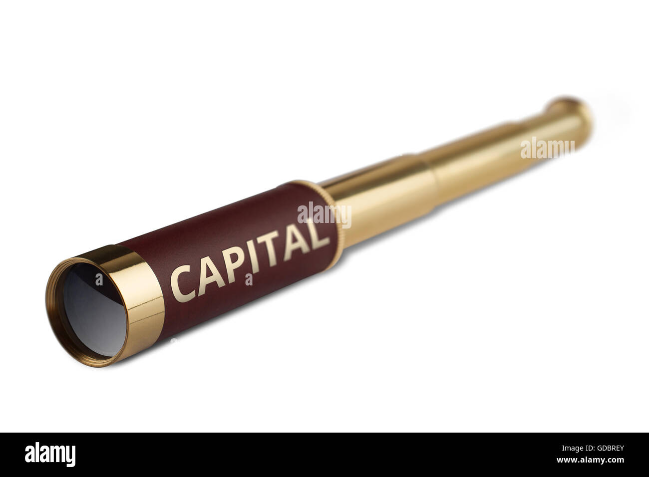 Illustration 3d concept financier avec un télescope vintage ayant le mot écrit dessus capital Banque D'Images