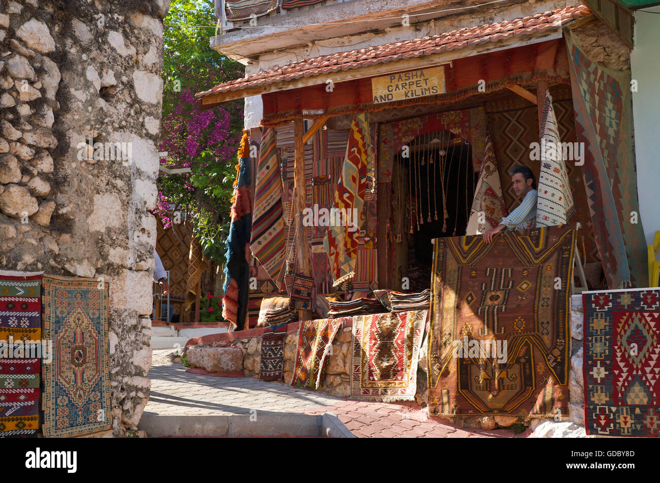 Boutique de tapis à Uçagiz, Riviera turque, Turquie Banque D'Images