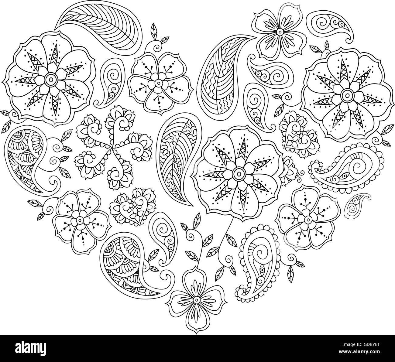 Forme de coeur monochrome avec fleurs et mehendi leafs isolated Illustration de Vecteur Forme de coeur monochrome avec fleurs et mehendi leafs isolated Illustration de Vecteur