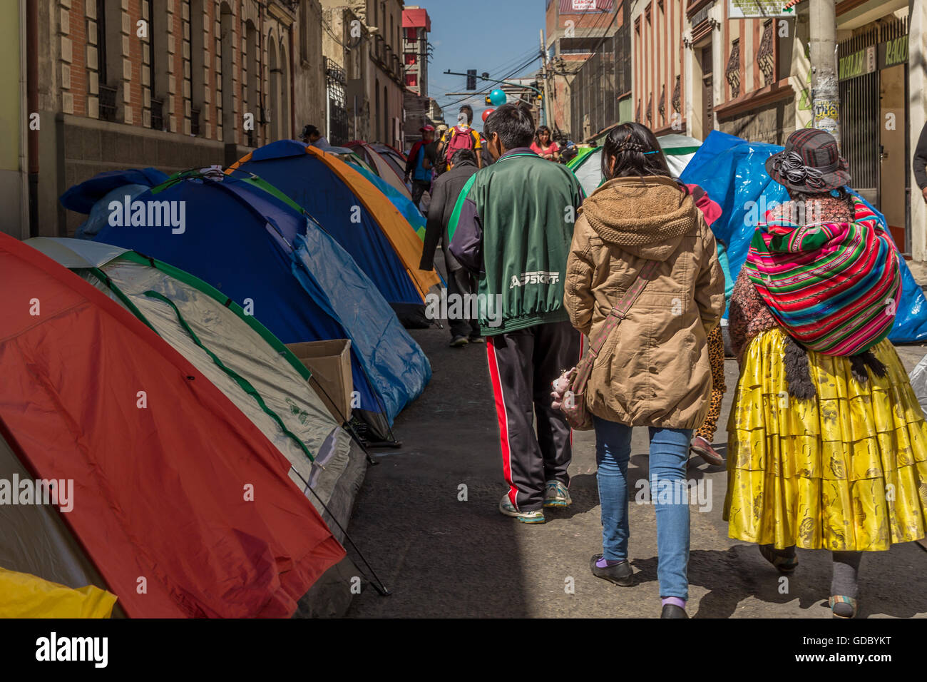 Les manifestants de la rue camp, La Paz, Bolivie Banque D'Images