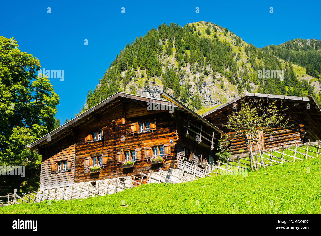 Allgäu,Alpes d'Allgäu, Alpes,paysage alpin,ferme,Bavaria,près d'Oberstdorf,Allemagne,europe,bois,maison,Gerstruben Obera Banque D'Images