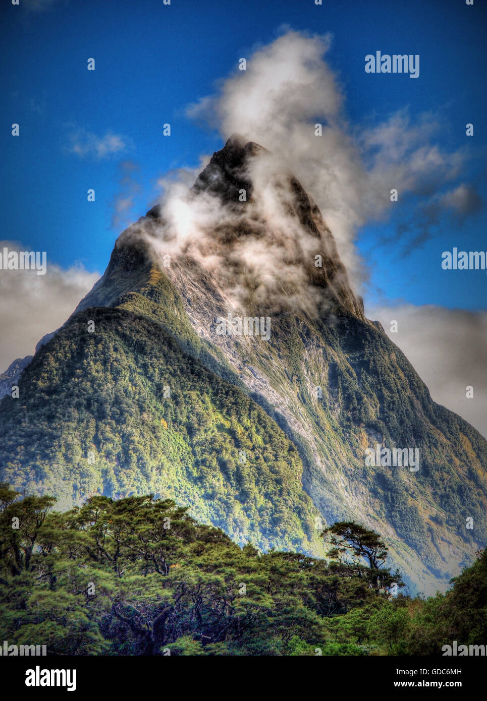 Mitre,montage,Nouvelle-Zélande Milford Sound, Nouvelle-Zélande, île du sud,montagne,la forêt,pyramide,ciel,nuage,la végétation, peak Banque D'Images
