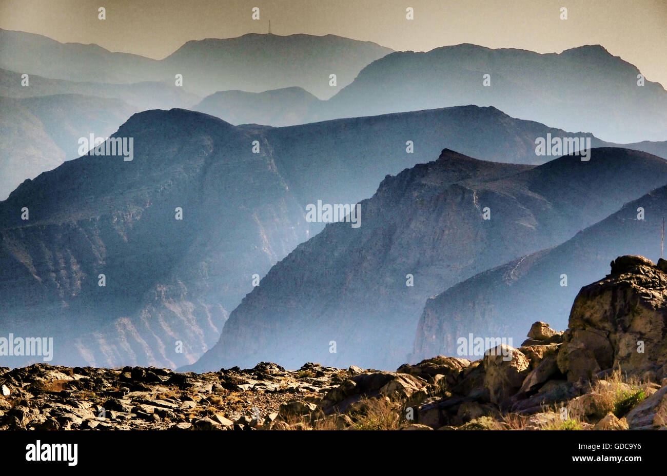Montagnes en fumée,,Oman Banque D'Images