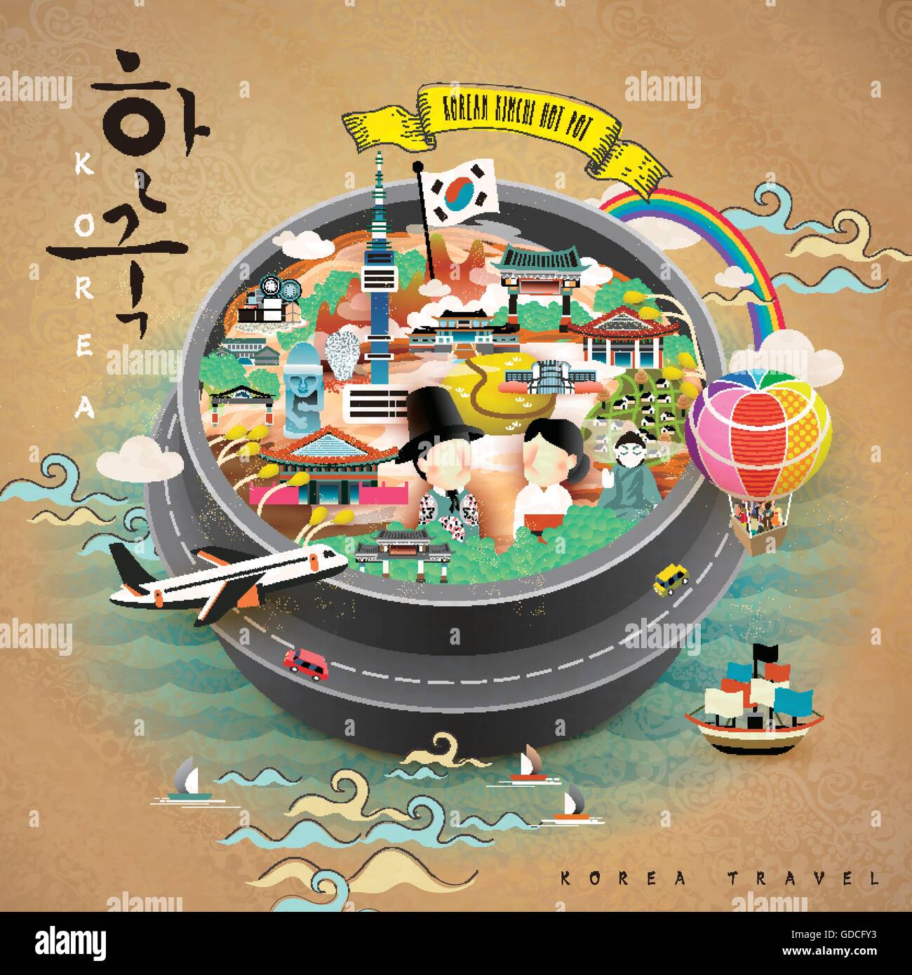 Affiche Corée créative avec des attractions dans le pot - Corée coréen écrit en mots Illustration de Vecteur