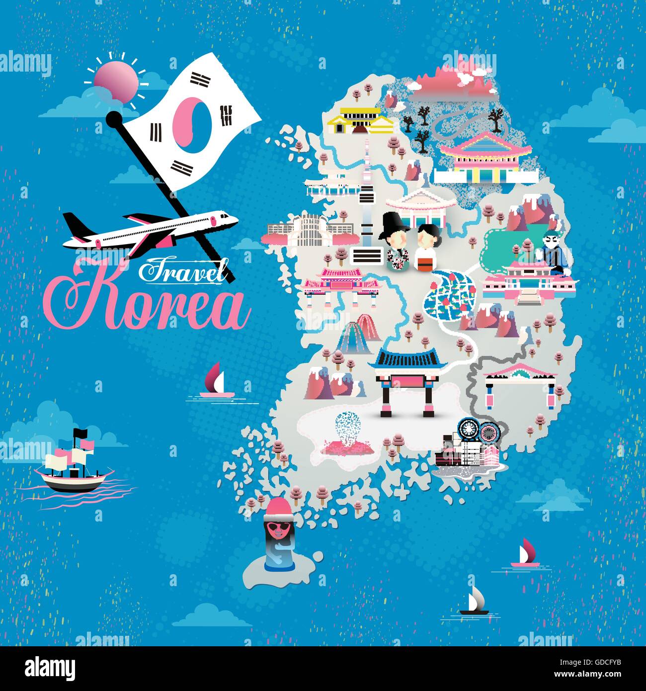 Korea Travel map design avec des attractions sur fond bleu Illustration de Vecteur