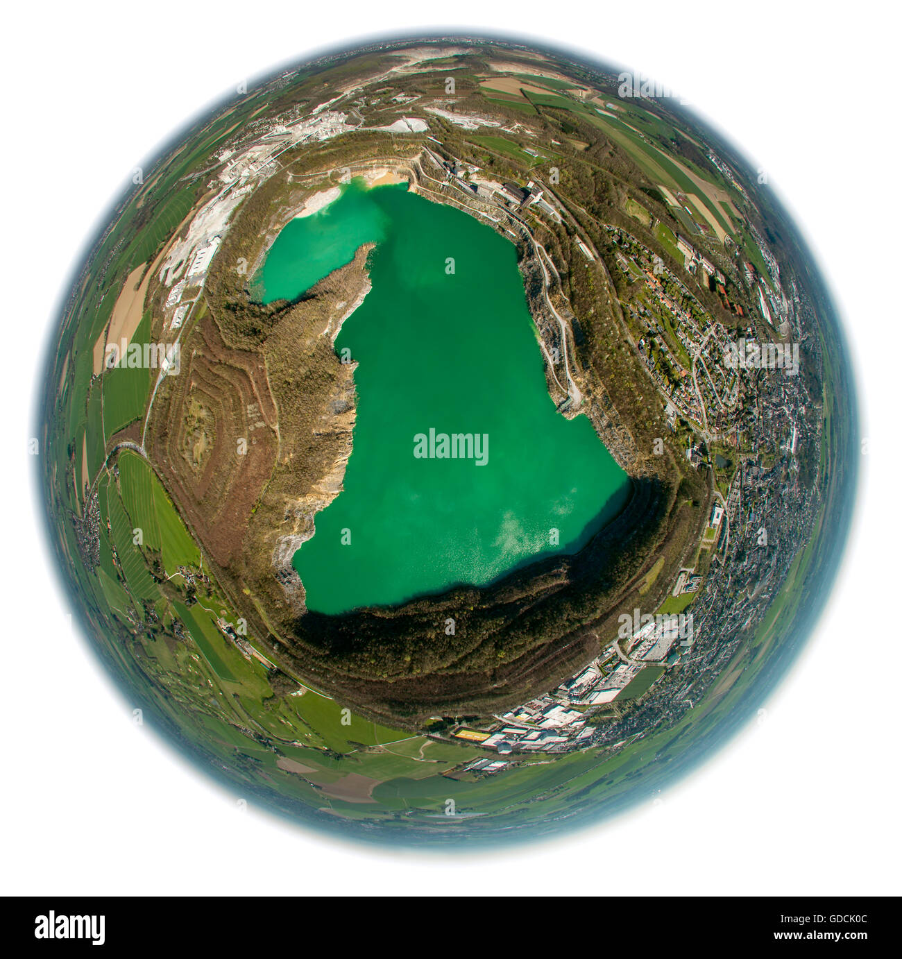 Vue aérienne, gravière, carrière, green eye, fisheye, objectif fisheye, Green Lake, Wülfrath, Niederrhein, North Rhine Westphalia, Banque D'Images