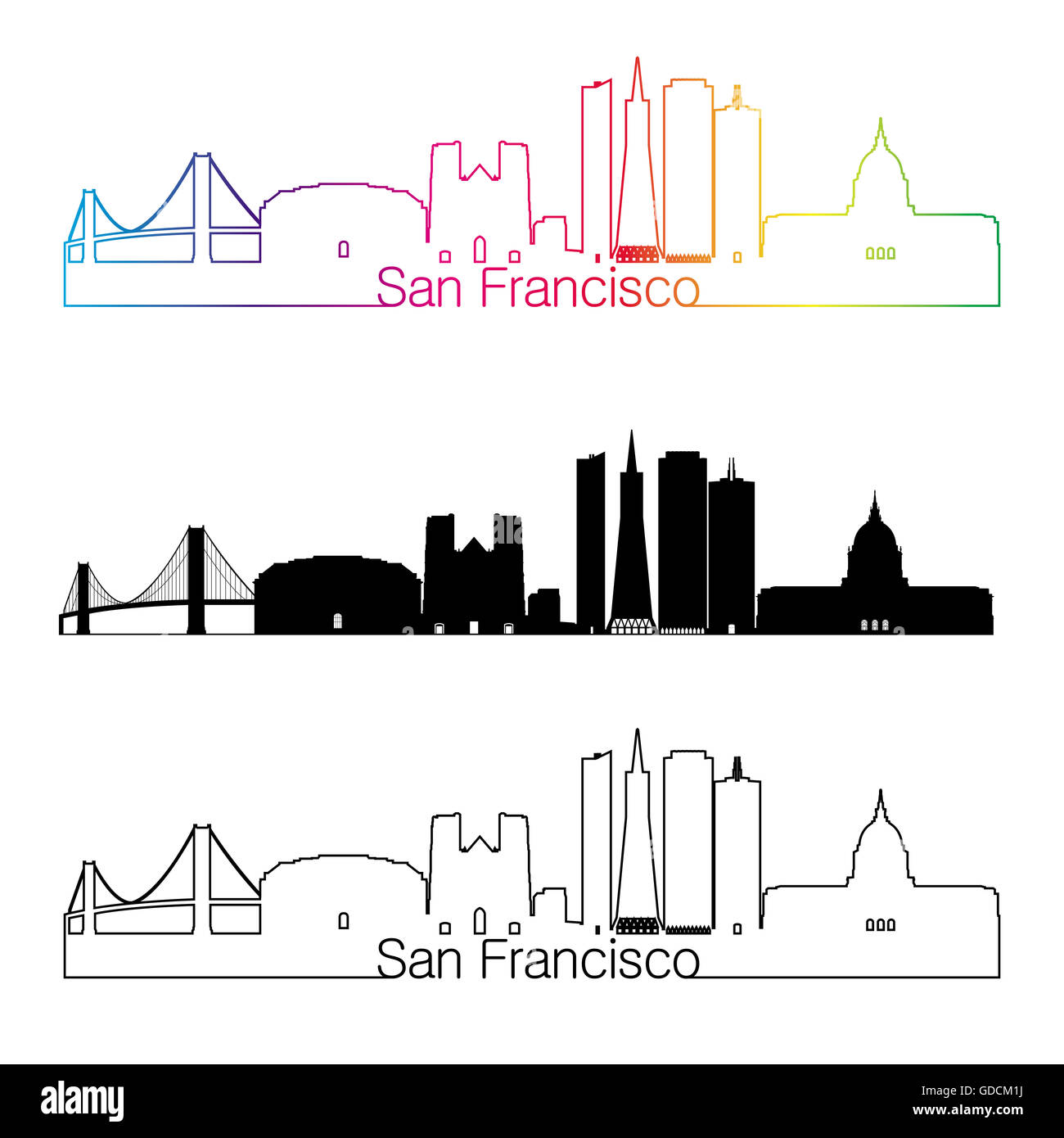 Horizon de San Francisco style linéaire avec rainbow en fichier vectoriel éditable Banque D'Images