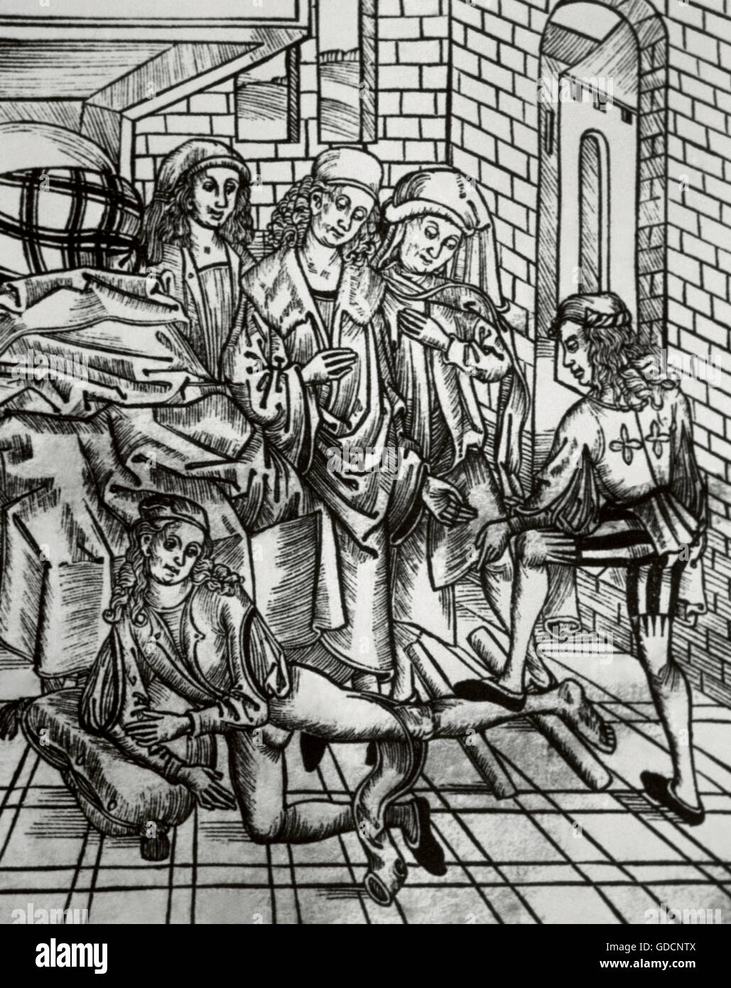 La médecine. 15e siècle. Traitement d'une fracture de la jambe d'os. Gravure sur bois dans 'Dies ist das Buch der chirurgia' (c'est le livre de la chirurgie). Banque D'Images