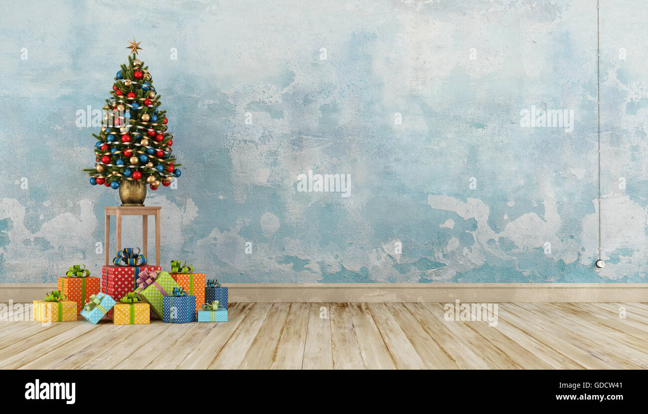 Intérieur vintage avec des présents et l'arbre de Noël - 3D Rendering Banque D'Images
