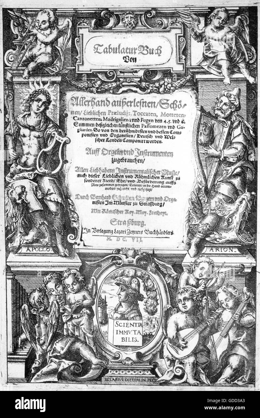 Schmid, Bernhard, The Elder, 1535 - 1592, organiste allemand, œuvres, "Tabulaturbuch", imprimé par Lazarus Zetzner, Strasbourg, 1607, Banque D'Images