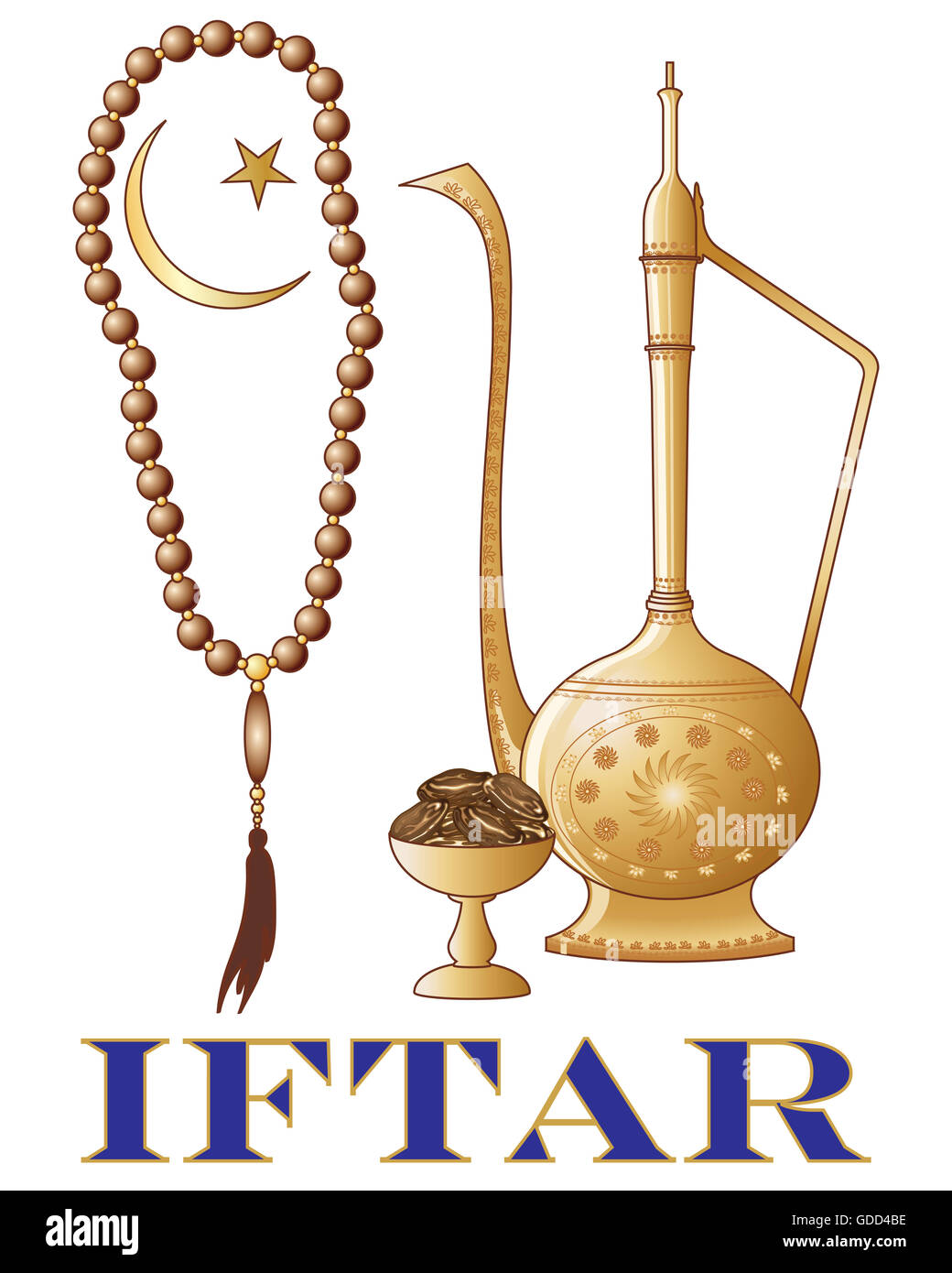 Une illustration d'un iftar party invitation avec verseuse islamique prière dates perles et symbole du croissant de lune sur fond blanc Banque D'Images