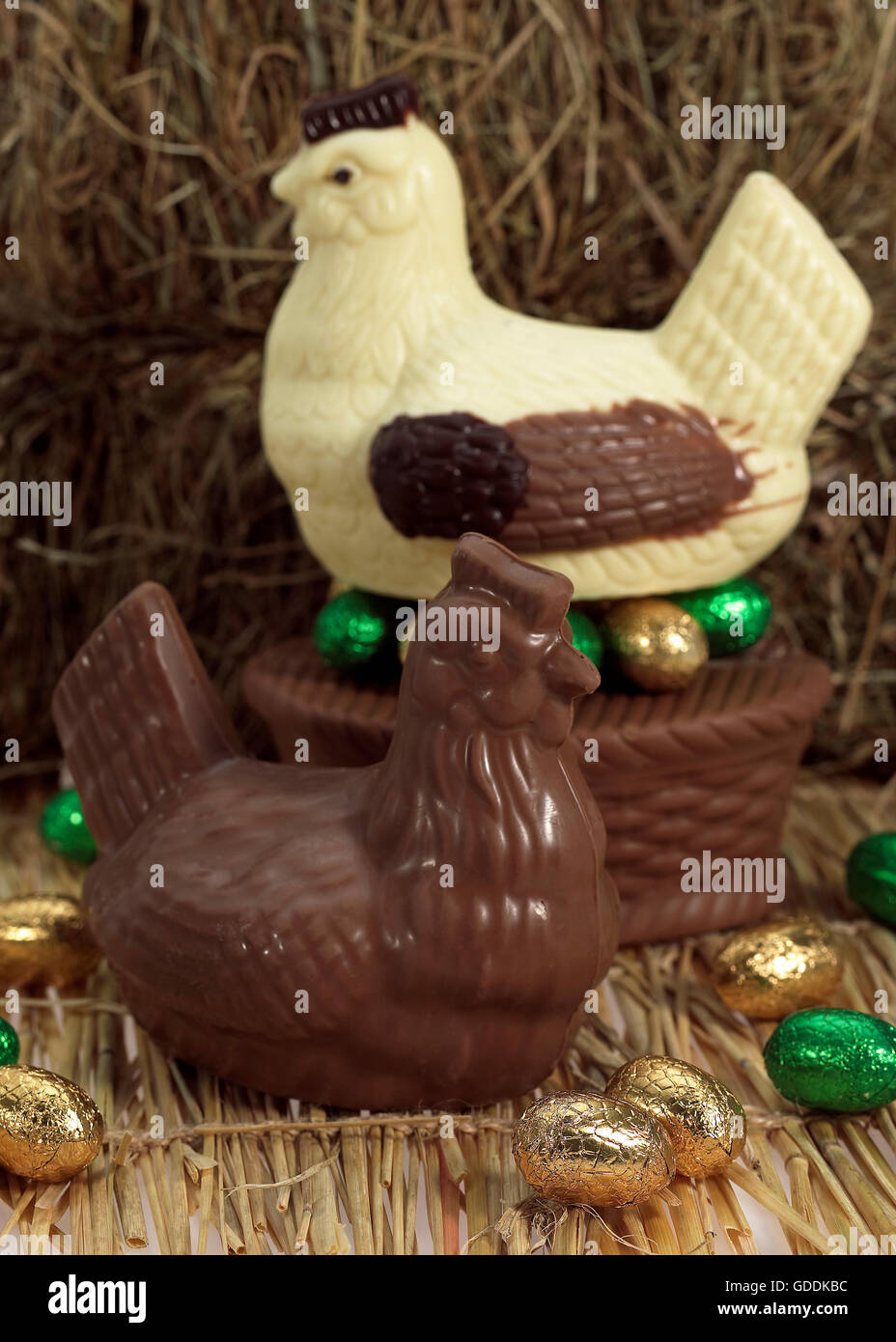 Poule de Pâques en chocolat et les oeufs Banque D'Images