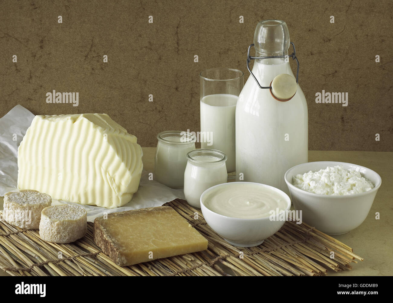 Les produits laitiers, le beurre, le lait, la crème fraîche, fromage, yogourt et fromage de chèvre et Cantal Banque D'Images