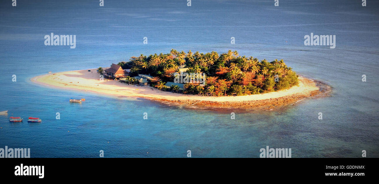 Fidji,mer,South Pacific palms,mer,plage,mer,Île,de,au-dessus de l'eau,ciel,bateaux,bateau,,antenne, Banque D'Images