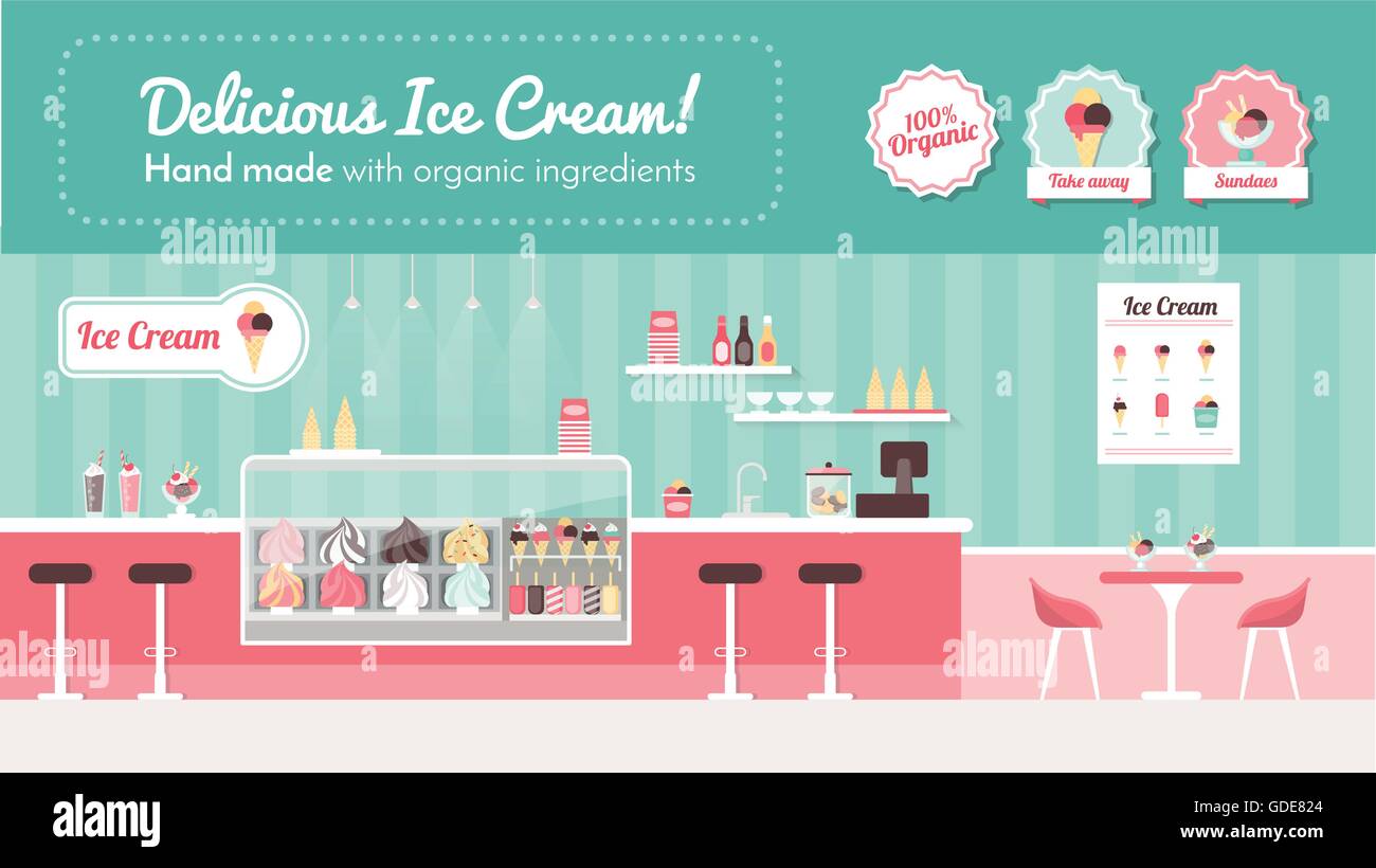 Salon de crème glacée, de la bannière de l'intérieur et des desserts sur boutique afficher Illustration de Vecteur