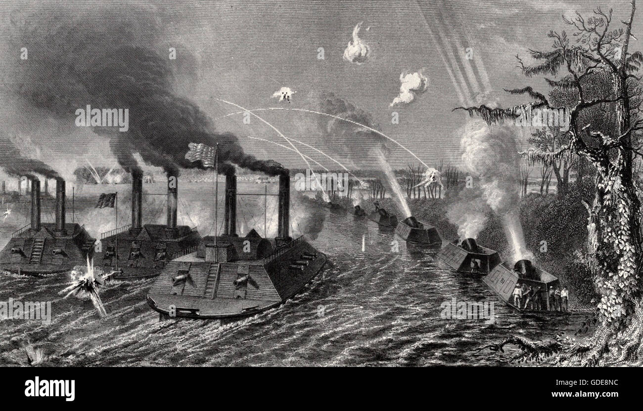 Gun et le mortier des bateaux sur le Mississippi. Guerre civile USA Banque D'Images