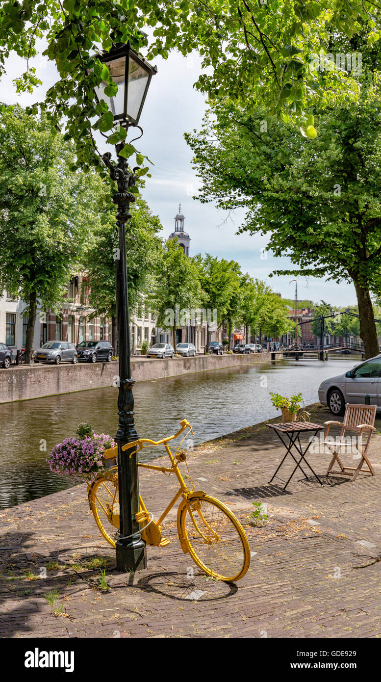 Moerkapelle,Yellow Bicycle comme flower stand au quai du canal Lange Haven Banque D'Images