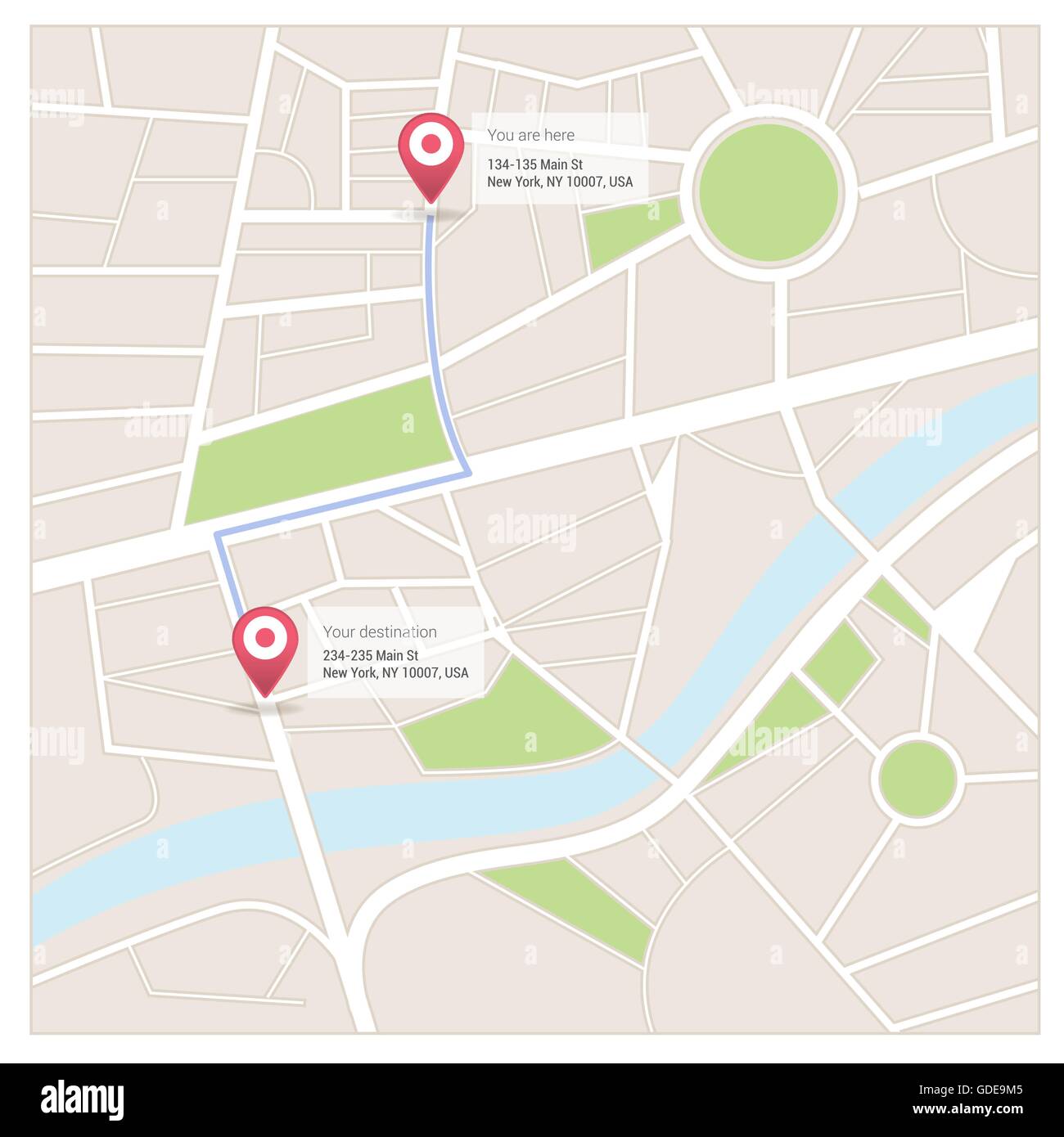 Plan de la ville avec les axes, la destination et les informations GPS Illustration de Vecteur