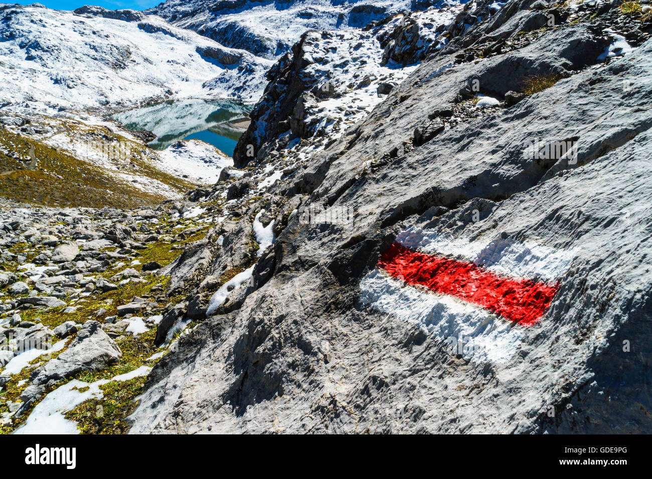 Signalisation au-dessus des lacs lais da Sgdr dans le domaine Lischana,Basse Engadine,Suisse. Banque D'Images