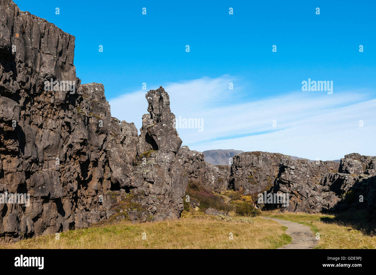 Dans la gorge d'Almannagja Pingvellir national park dans le sud-ouest de l'Islande. Banque D'Images