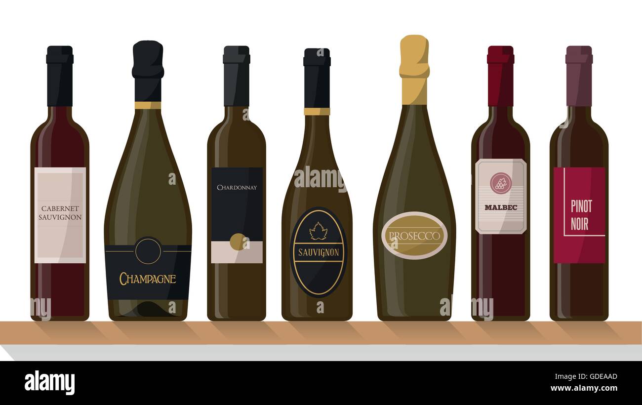 Collection de bouteilles de vin de luxe avec des étiquettes sur une planche en bois avec en arrière-plan de feuille de vigne Illustration de Vecteur