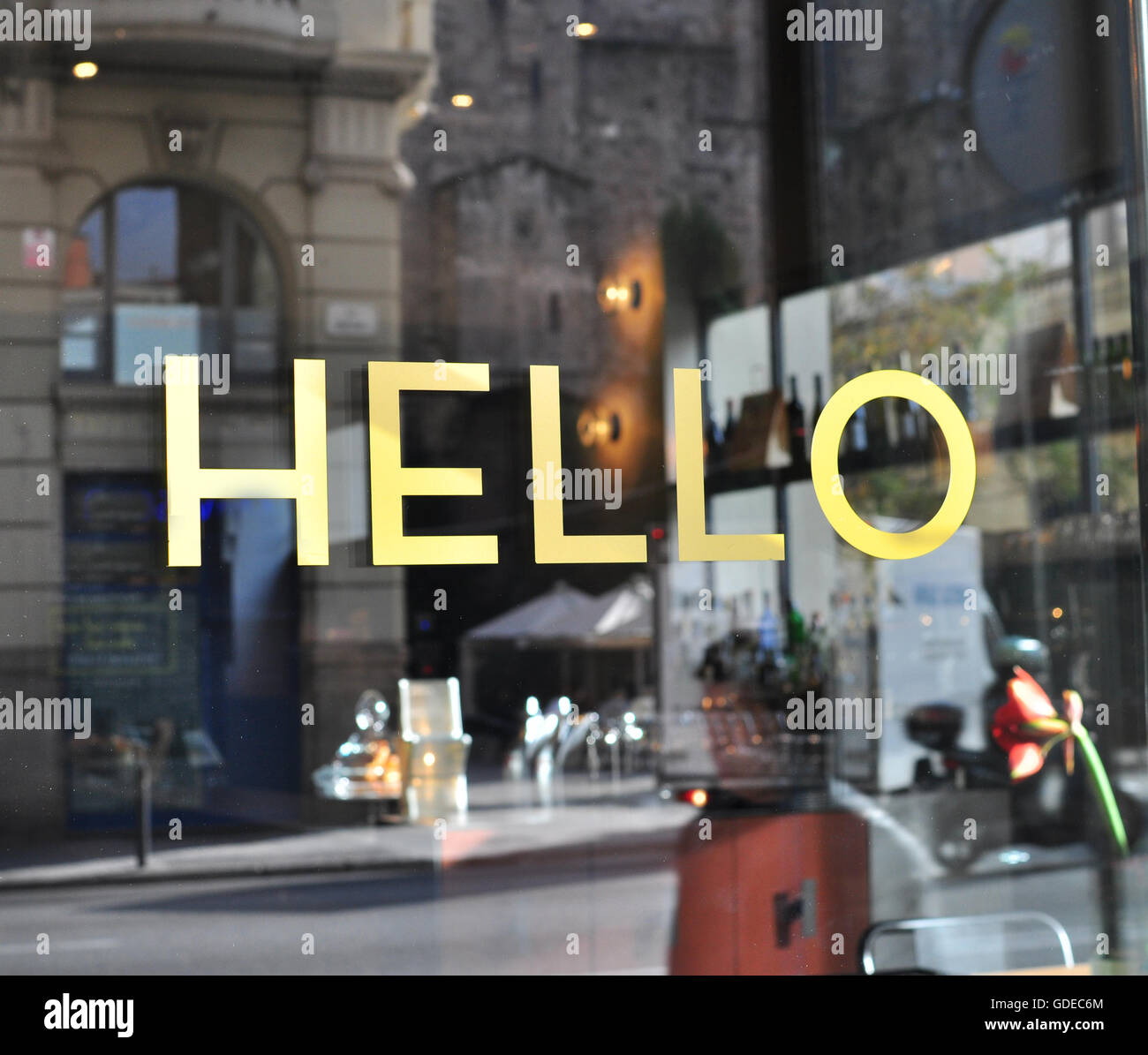 Bonjour sign in English language Banque D'Images