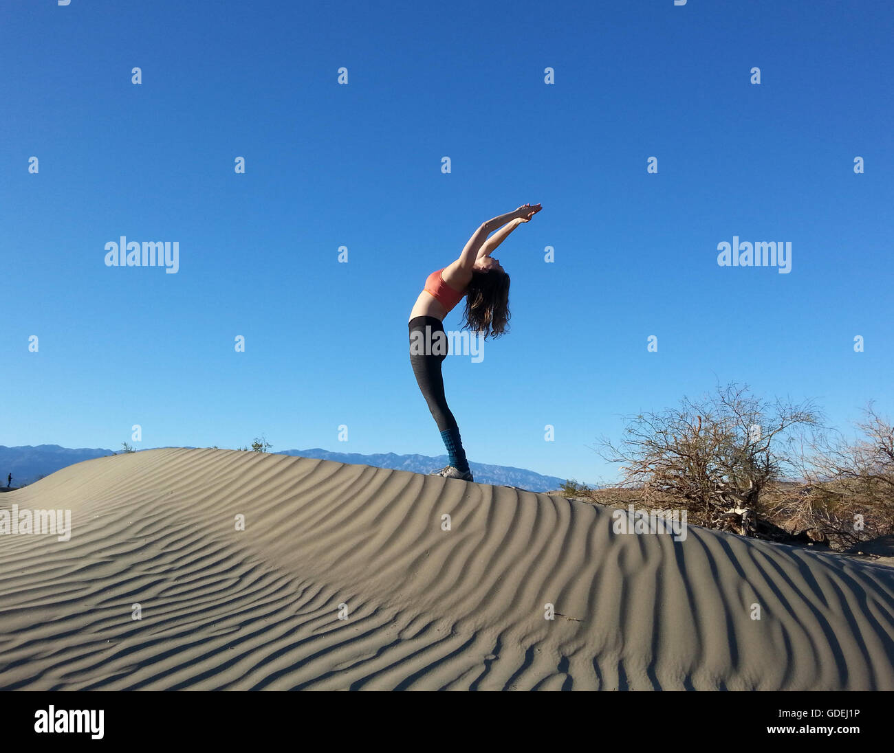 Les femmes qui font le dos se plient sur la dune de sable, parc national de la Vallée de la mort, Californie, États-Unis Banque D'Images