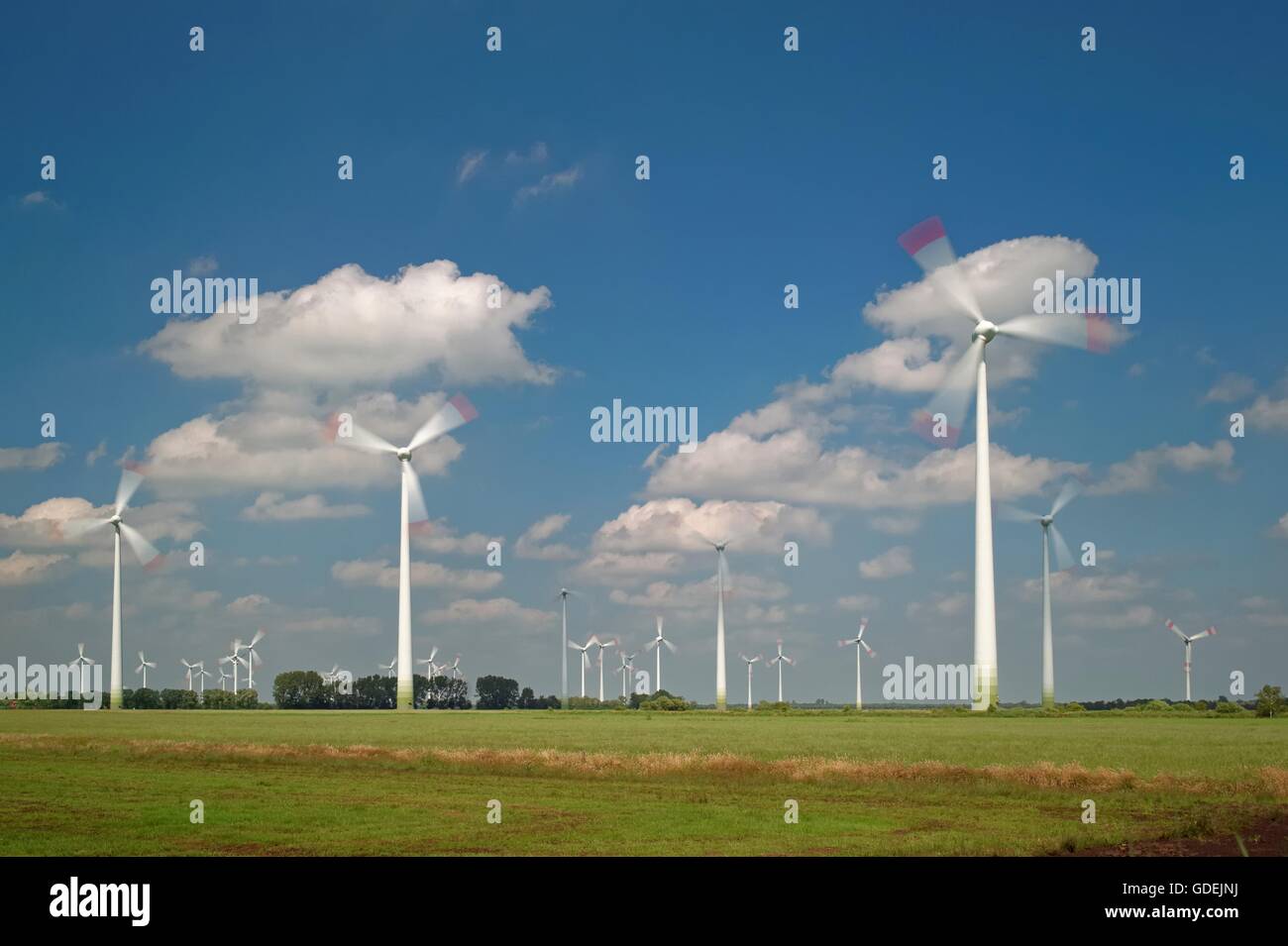 Ferme éolienne, Ostfriesland, Basse-Saxe, Allemagne Banque D'Images