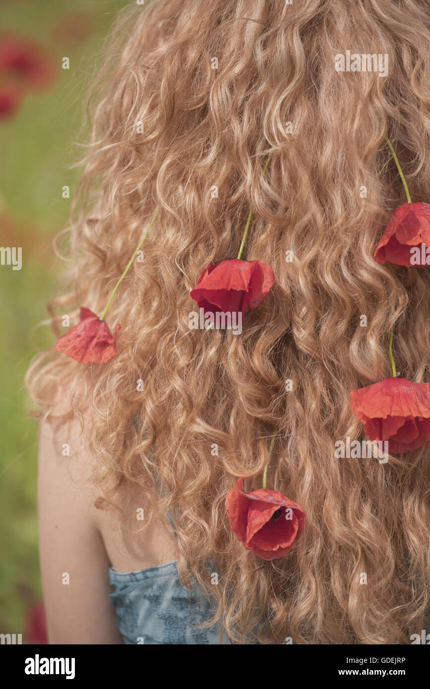 Vue arrière de la femme avec des fleurs de pavot dans les cheveux Banque D'Images