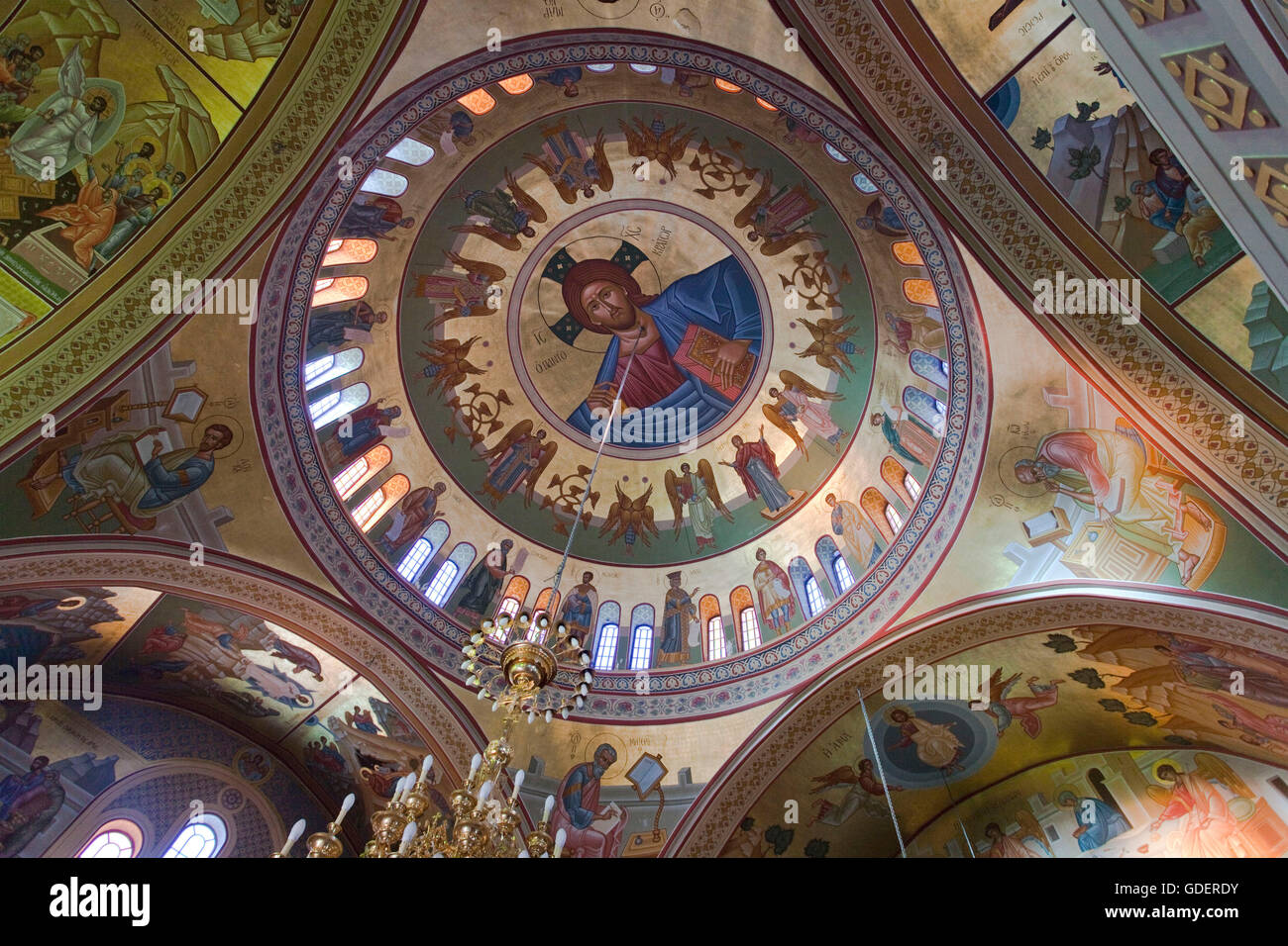 Metropolis Church, Fira, Santorini, Cyclades, Grèce / Thira, peinture, fresque de plafond Banque D'Images