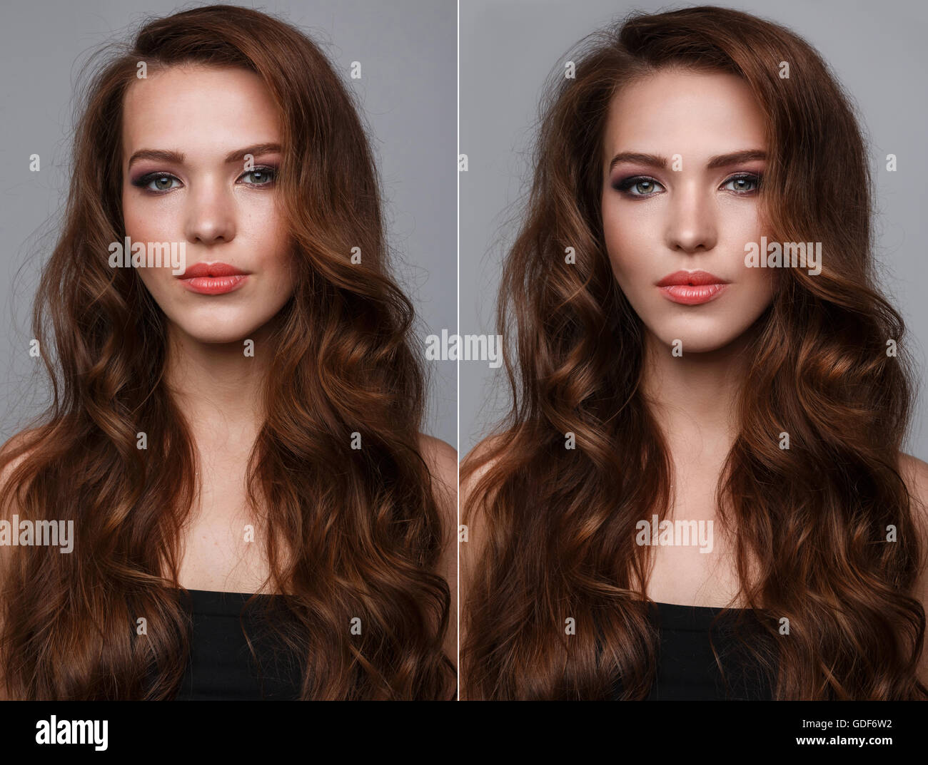 Visage de femme portrait avant et après avoir repiqué. Beau modèle avec des  cheveux noirs bouclés Photo Stock - Alamy