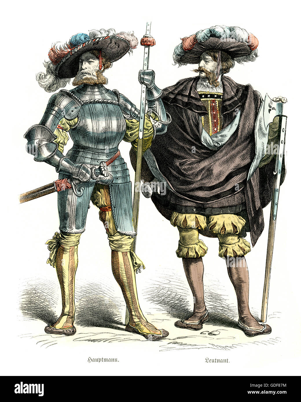 Les costumes des soldats allemand Landsknecht du 16ème siècle. Le Capitaine mercenaire et le lieutenant. Banque D'Images