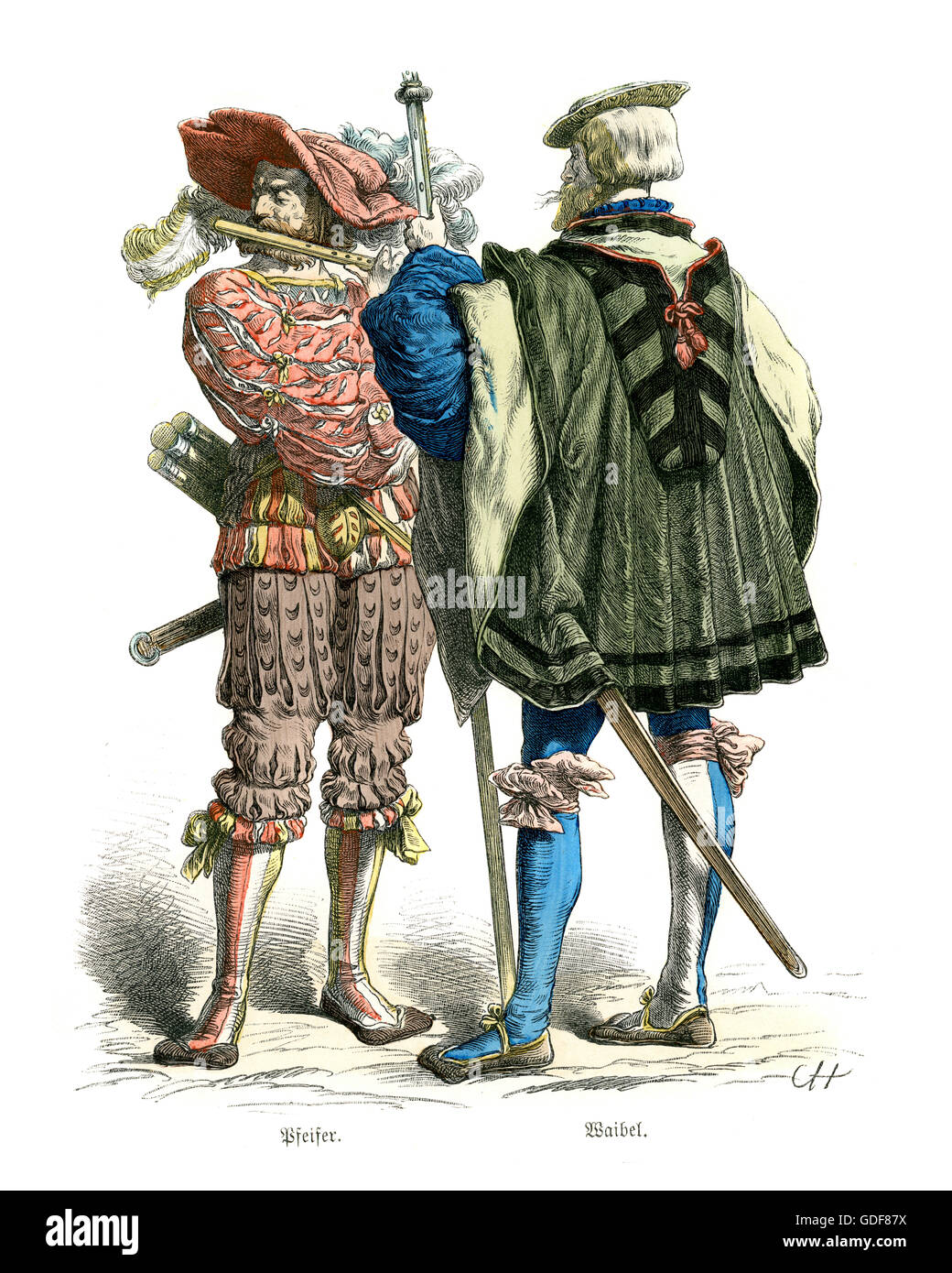 Les costumes des soldats allemand Landsknecht du 16ème siècle. Piper et seargent Banque D'Images