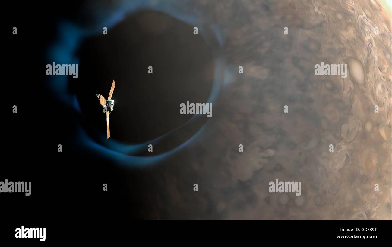 Junon et Jupiter les aurores. Illustration de l'engin spatial de la NASA Juno sur Jupiter les pôles, l'étude des aurores de la planète. Junon a été lancé en 2011 sur un vol à destination de Jupiter. Contrairement aux précédentes missions, il utilise Jupiter panneaux solaires. Jupiter précédent mis Banque D'Images
