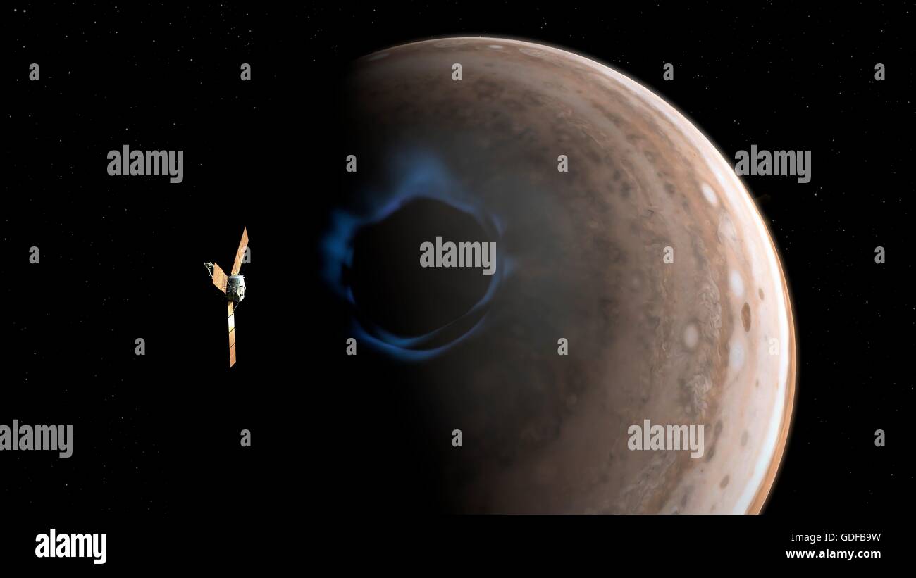 Junon et Jupiter les aurores. Illustration de l'engin spatial de la NASA Juno sur Jupiter les pôles, l'étude des aurores de la planète. Junon a été lancé en 2011 sur un vol à destination de Jupiter. Contrairement aux précédentes missions, il utilise Jupiter panneaux solaires. Jupiter précédent mis Banque D'Images
