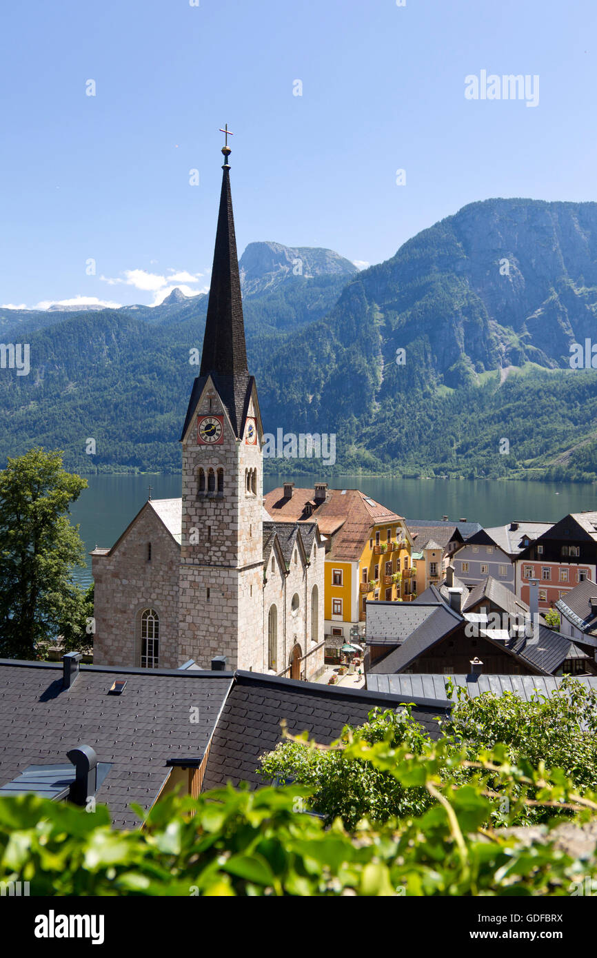 Hallstatt, église évangélique, le lac de Hallstatt, Haute Autriche, Autriche, Europe Banque D'Images