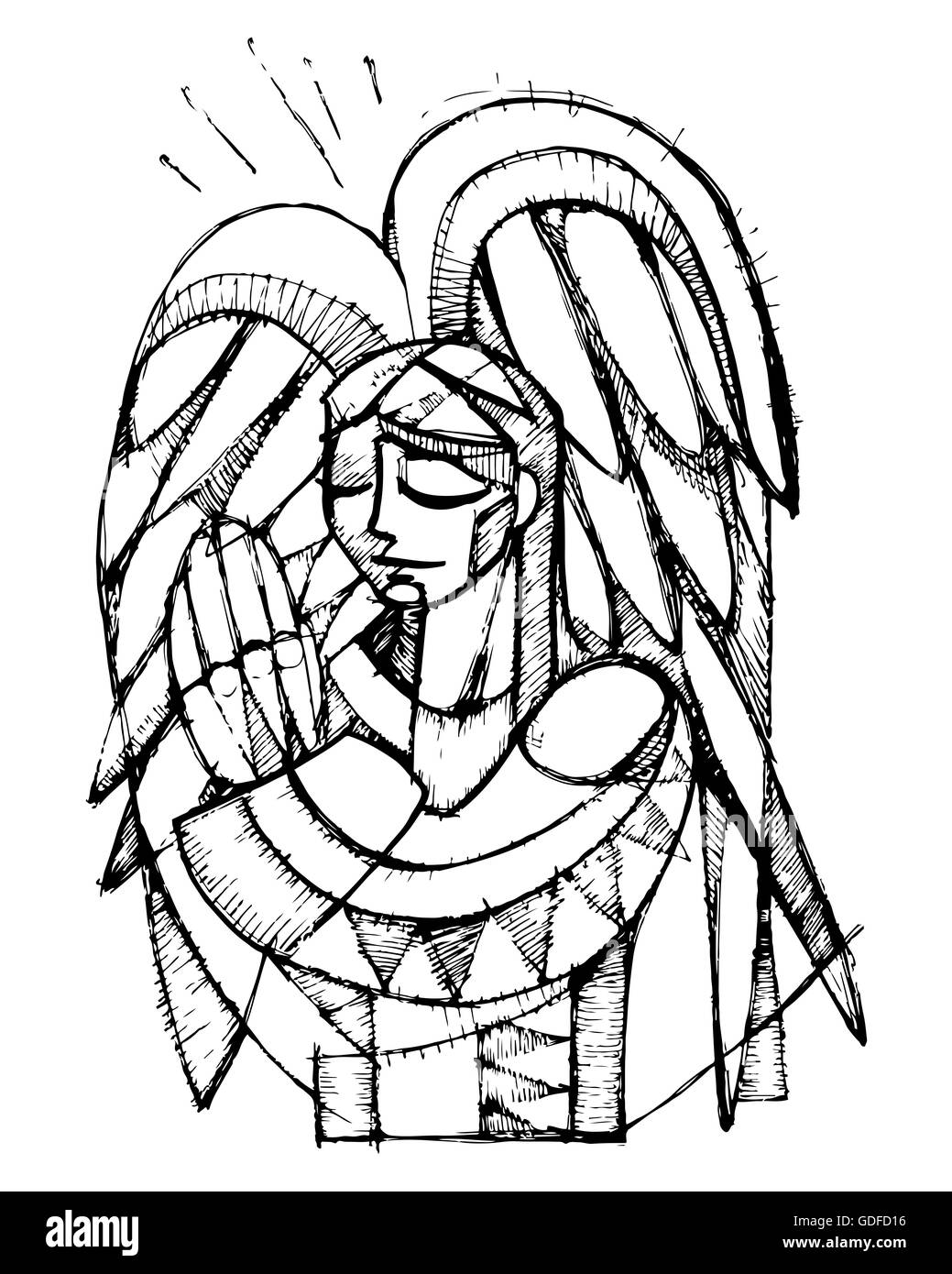 Hand drawn vector illustration ou dessin d'un ange gardien priant Banque D'Images