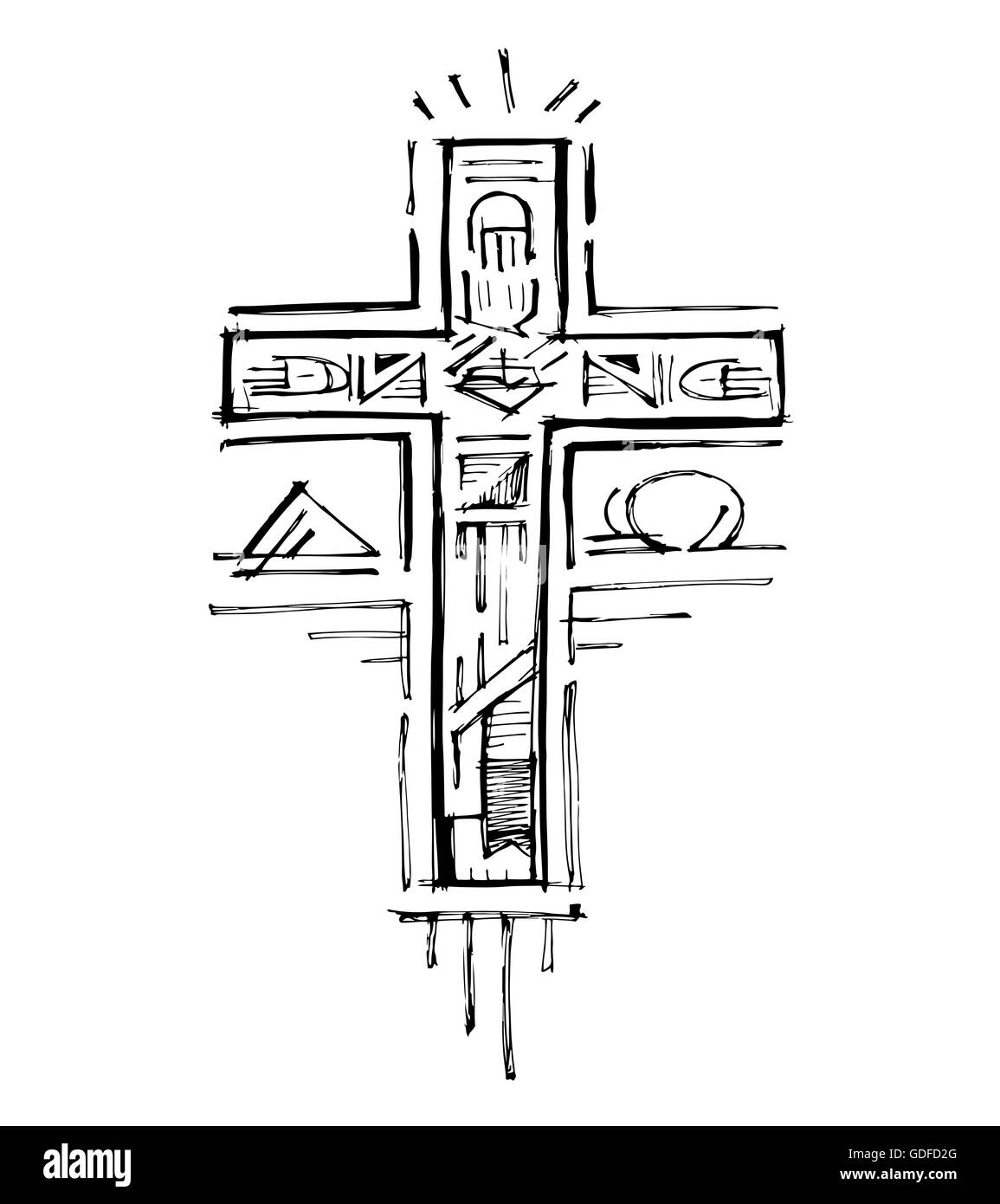 Hand drawn vector illustration ou dessin d'une croix avec différents symboles religieux Banque D'Images