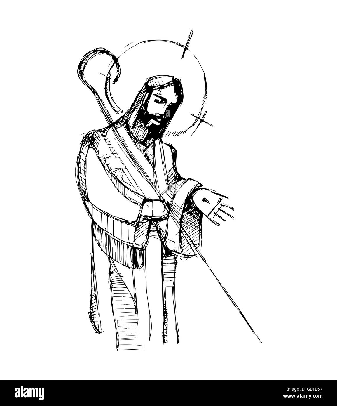 Hand drawn vector illustration ou dessin de Jésus Christ Bon Pasteur Banque D'Images
