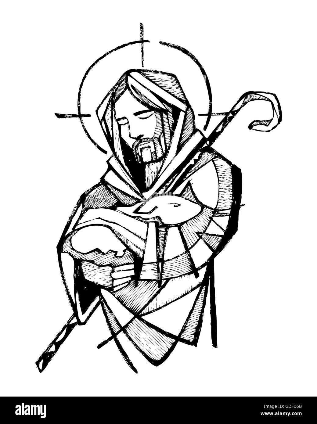 Hand drawn vector illustration ou dessin de Jésus Christ, en tant que Bon Pasteur Banque D'Images