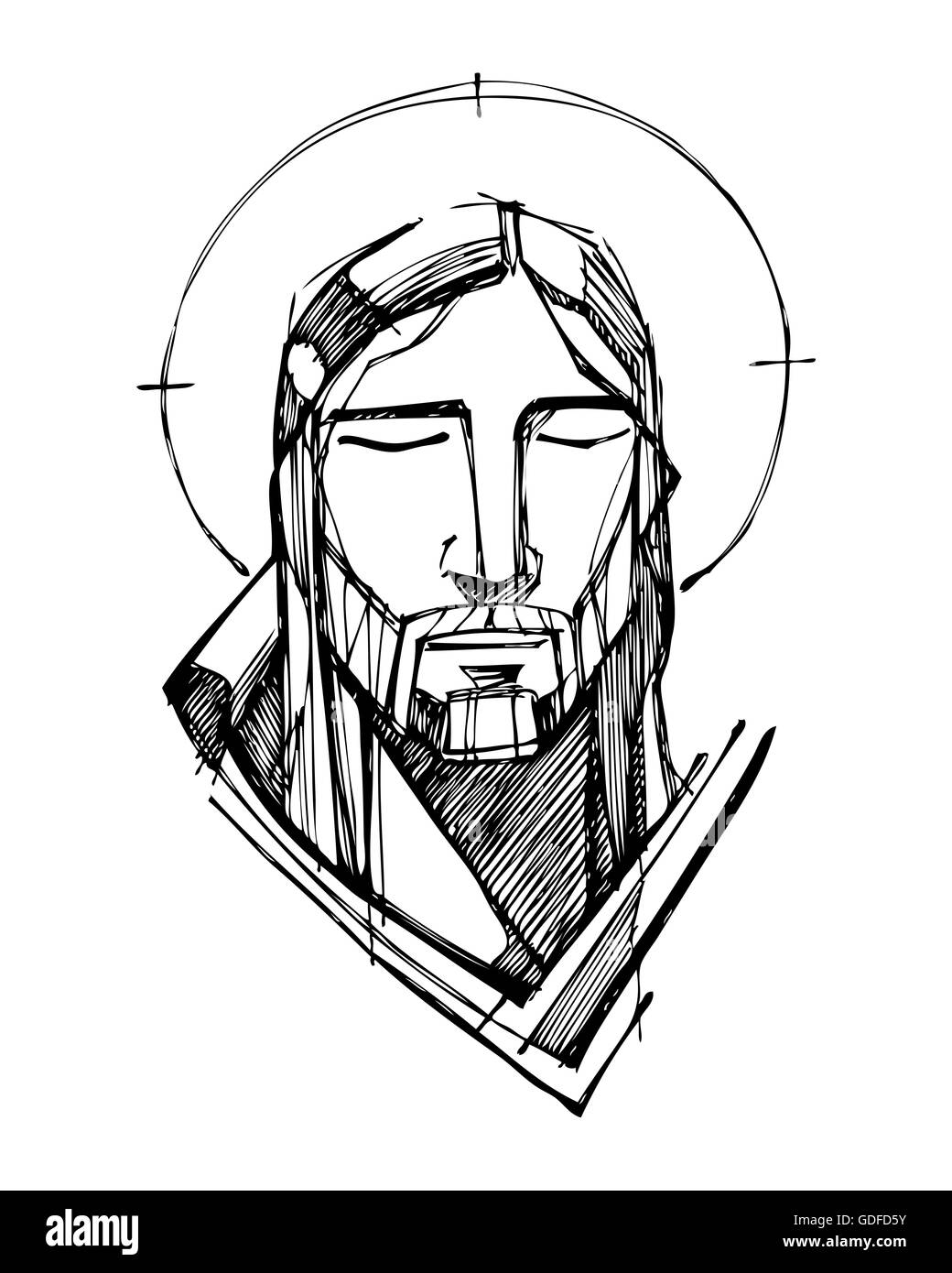 Hand drawn vector illustration ou dessin du visage de Jésus Christ Banque D'Images